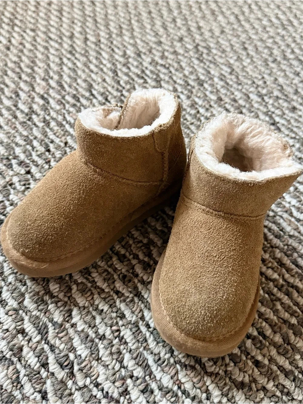 BearPaw Kids Tan Suede Shearling-Lined Slippers with Side Zipper